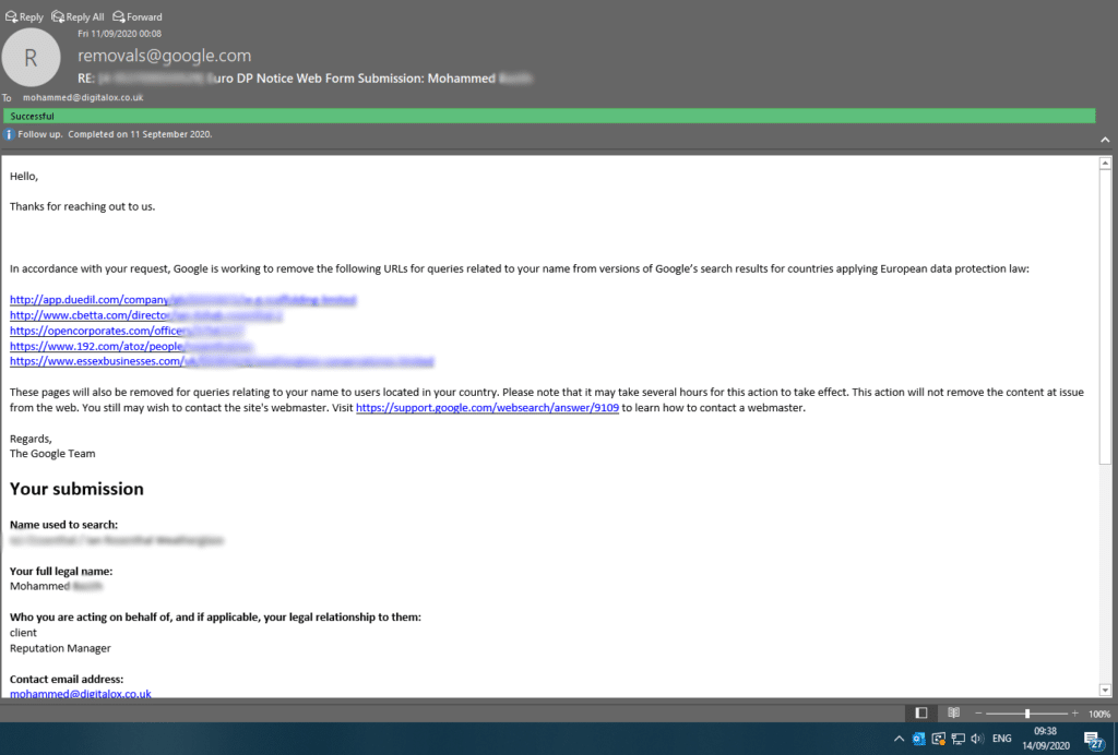 Successful Personal Information Removal from Data Aggregators